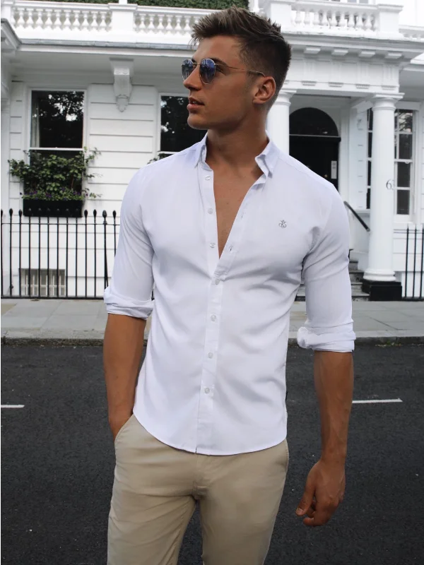 Men's elegant crest-cuff shirts-Aylsham Fitted Stretch Shirt - White