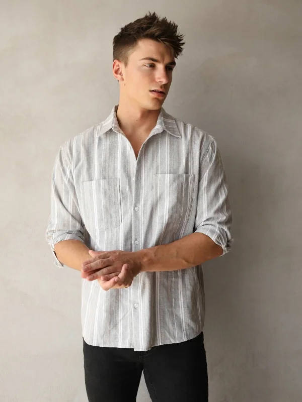 Men's bold orbit-weave shirts-Rialto Stripe Shirt - Taupe