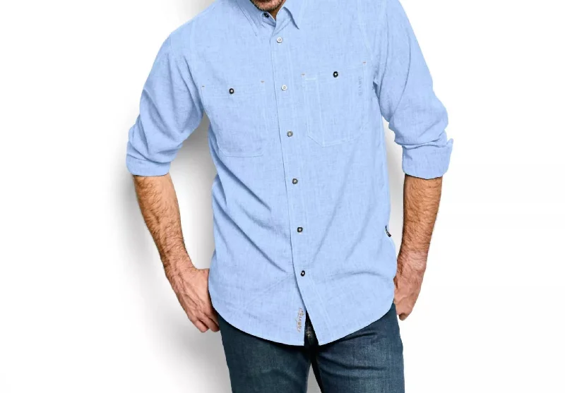 Men's elegant wave-hem shirts-Chambray Long Sleeve Work Shirt In Medium Blue