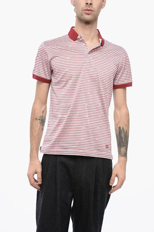 Men’s short-sleeve yowl tops-Corneliani 3-Button Cotton Polo Shirt With Awning Striped Pattern