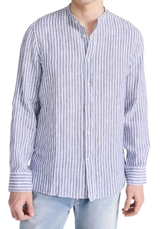 Men's bold dusk-dye shirts-Gaston Italian Linen Stripe Shirt In Dark Navy-White