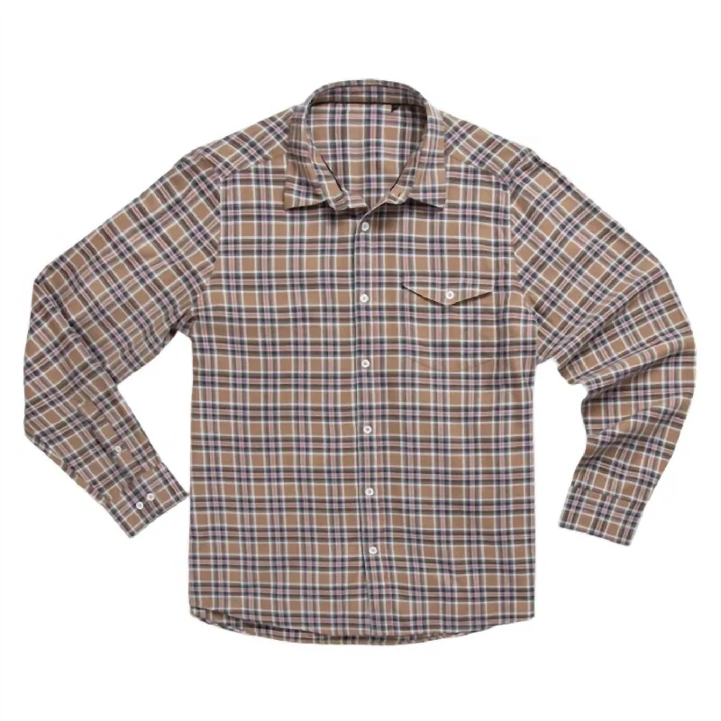 Men's elegant wave-front shirts-Men's Mulberry Plaid Long Sleeve Shirt In Walnut/red Plaid