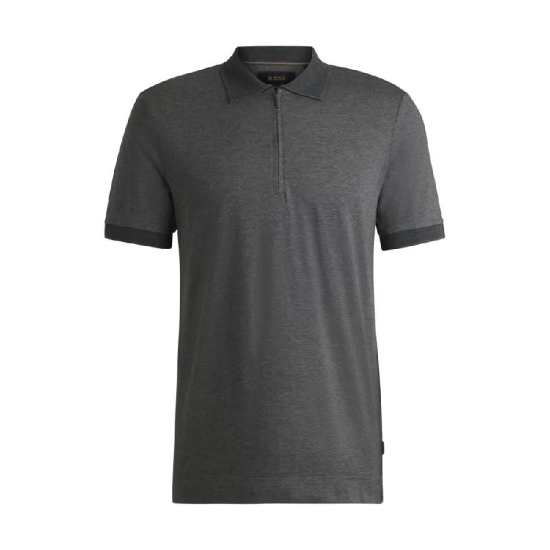 Men’s short-sleeve quip polos-Zip-placket polo shirt in cotton and silk