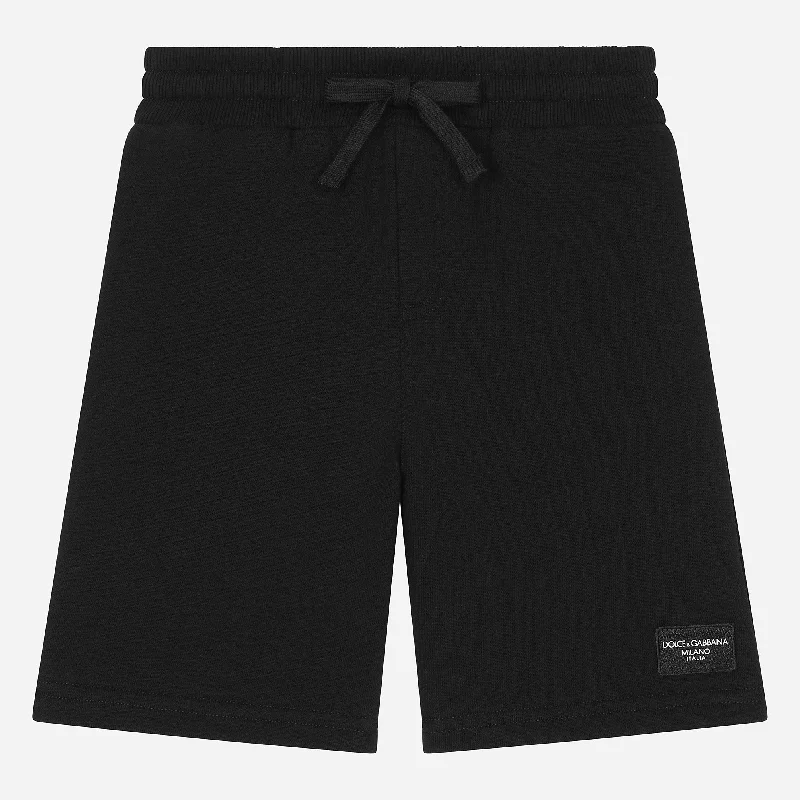 Men's lean straight leg pants-Black Logo Plaque Shorts