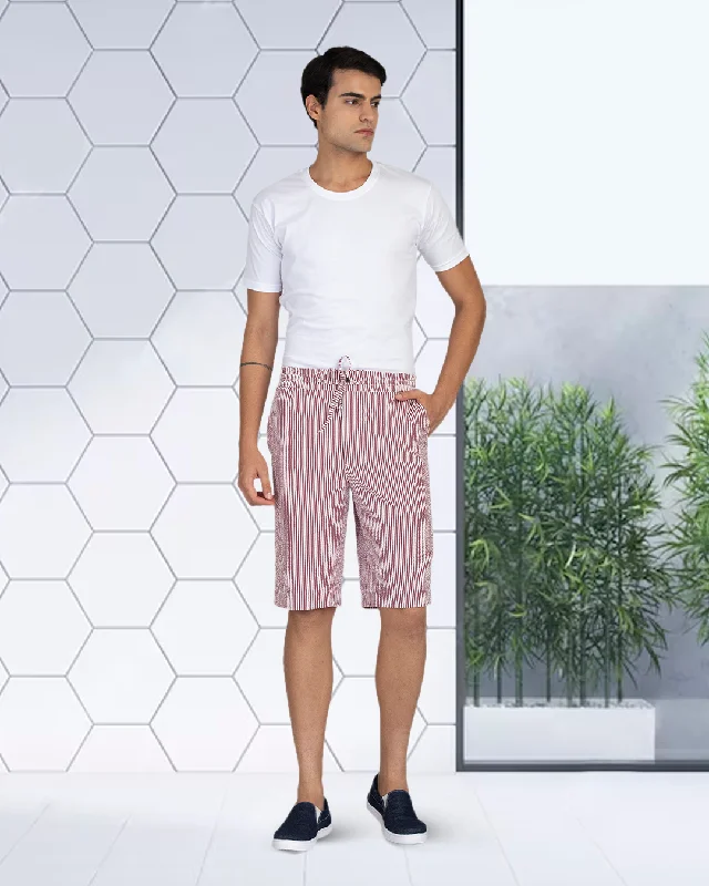 Men's clingy skinny jeans pants-Rose Red White Bengal Stripes Seersucker Shorts