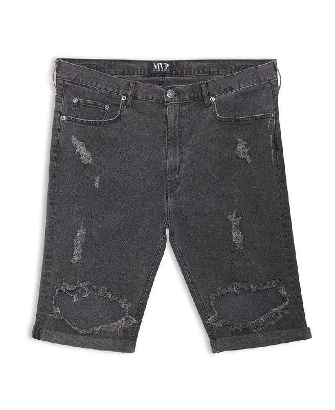 Men's tidy cuffed pants-Distressed Wash Black Denim Shorts